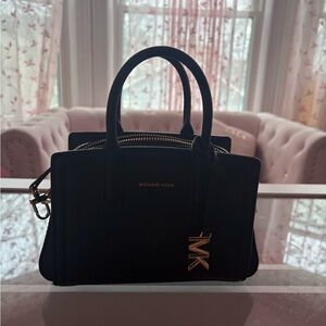 Michael Kors Black Leather Satchel with MK Charm